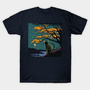 Tabby Cat Watching Fireworks over a Lake T-Shirt